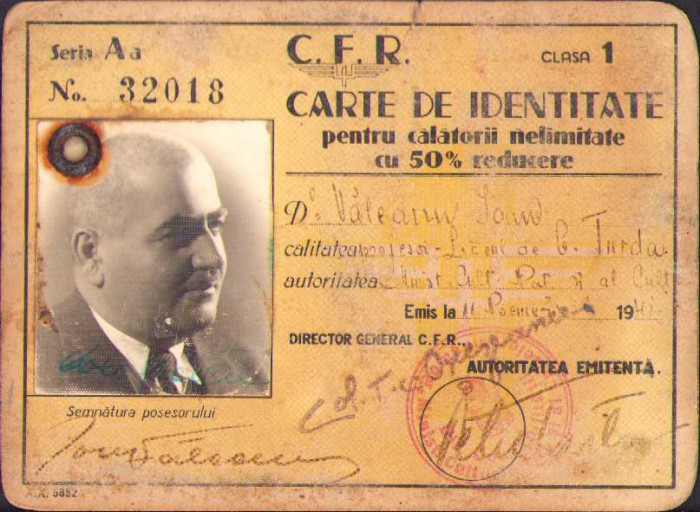HST A60 Carte identitate CFR 1941 prof Ioan Văleanu Școala Tehnică Cluj