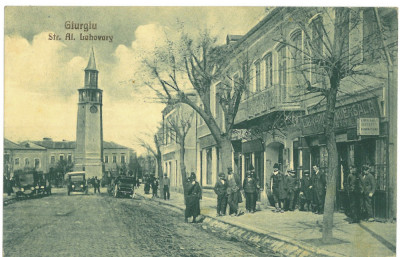 4758 - GIURGIU, Firemen Tower, stret stores - old postcard - used - 1928 foto