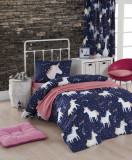 Lenjerie de pat pentru o persoana Single XXL (DE), 2 piese, Magic Unicorn - Dark Blue, Eponj Home, 65% bumbac/35% poliester