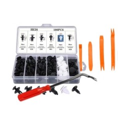 Set de 100 clipsuri demontare auto si 4 instrumente de eliberare plastic + 1 extractor metalic