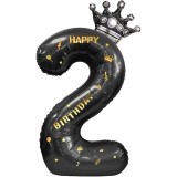 Cumpara ieftin Balon folie cifra 2 cu coroana Happy Birthday 100 cm, negru, umflare aer sau heliu, aniversare decor petrecere