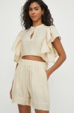 MUNTHE pantaloni scurti femei, culoarea bej, neted, high waist