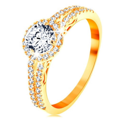 Inel din aur galben de 14K - zirconiu transparent cu margine strălucitoare, brațe decorate - Marime inel: 62 foto