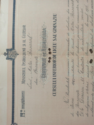 Certificat de absolvire , Liceul Matei Basarab , Bucuresti 1921 foto