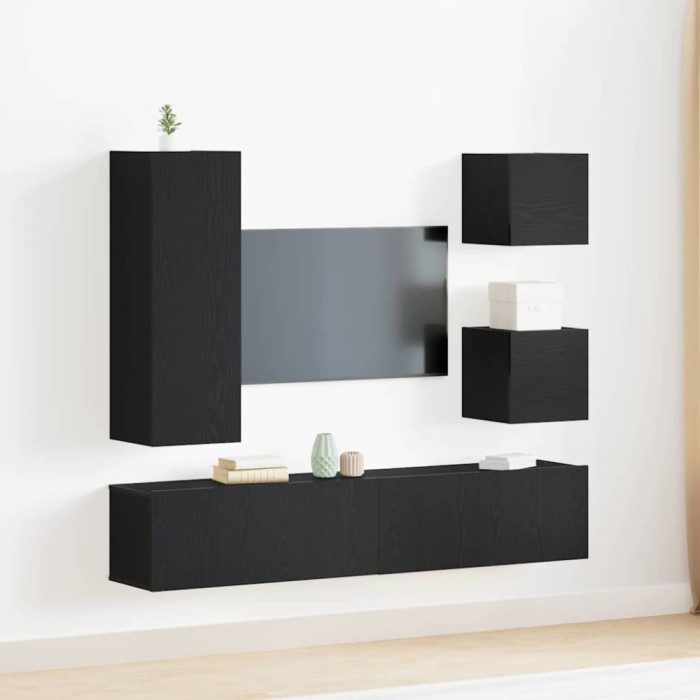 vidaXL Set Cabinet TV Pe perete 6 pcs Stejar negru 160 x 30 x 30.5 cm 3393430