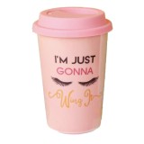 Cana ceramica de voiaj Pufo pentru cafea cu capac din silicon, 415 ml, model I just gonna, roz