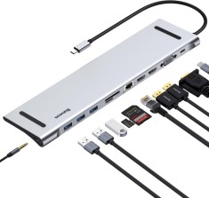 Statie de andocare Docking Station Baseus 11 in 1 (2024) USB-C pentru 3 monitoare cu 2 x HDMI, 4K, 1 VGA, 3 X USB 3.0, cititor de carduri SD/TF, Ether
