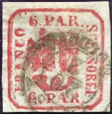 1862 , Lp 9 b , Principatele Unite 6 Parale , visiniu - stampilat