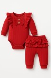 Set bebelusi 2 Piese &ndash; Body cu Volanase + Pantaloni cu Fundita - Rosu (Marime
