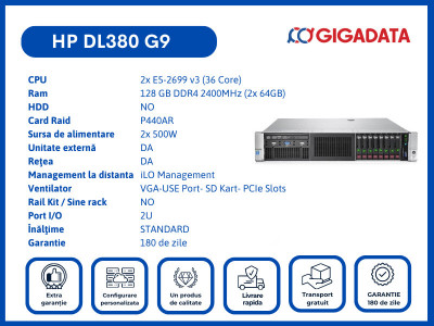 HP DL380 G9 2x E5-2699 v3 128GB P440AR 2x PS Server 6 Luni Garantie foto