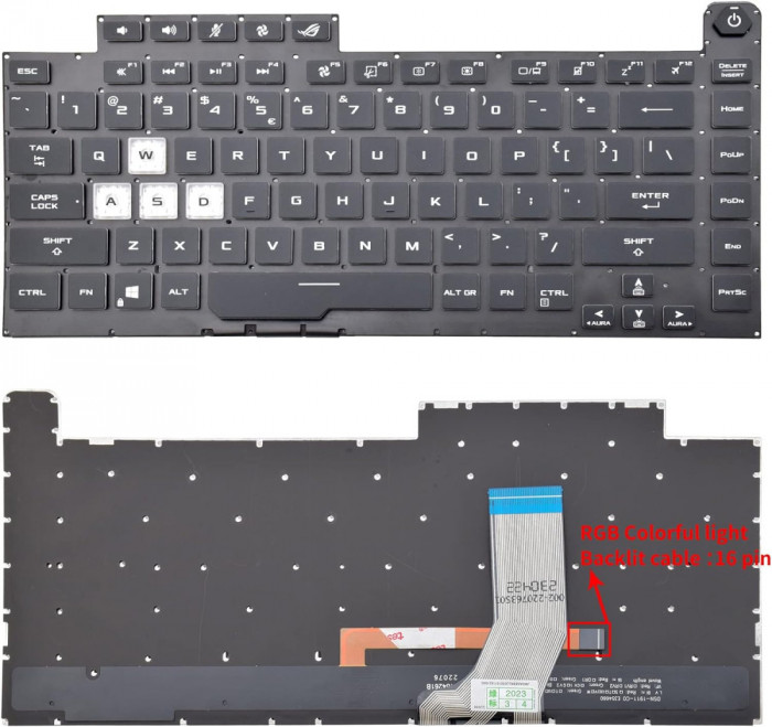 Tastatura Laptop Gaming, Asus, ROG Strix G G531GD, G531GD, G531GT, G531GT, G531GV, G531GV, G531GU, iluminata, conector RGB 16 pini, layout US