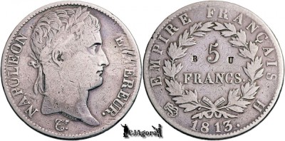 1813 H, 5 Francs - Napoleon I - Primul Imperiu Francez; contraştampilă B U foto