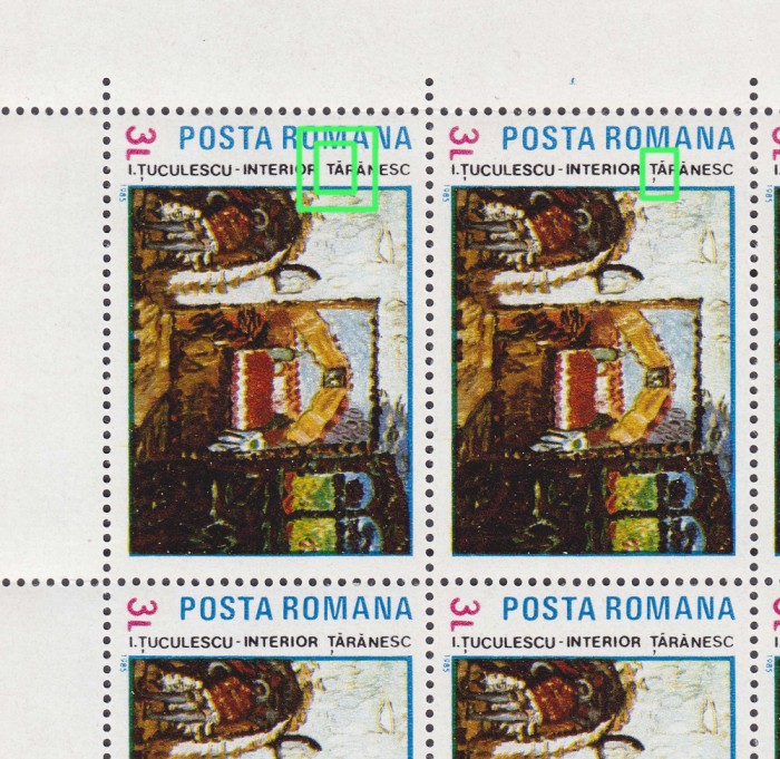 ✅RO 1985 LP 1131 ,&quot; Reproduceri de arta - I. Tuculescu&quot; , 🚩EROARE catalogata serie in coli de 25 ,MNH : 3 Lei L1/C1 lipsa tidula la &quot;T&quot; /TARANESC