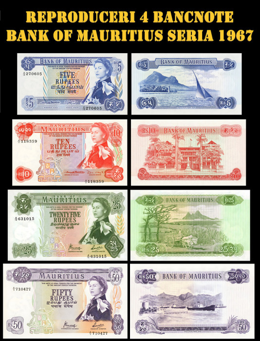 4 reproduceri Seria 1967 ,bancnote Bank of Mauritius.