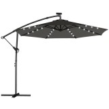 Outsunny Umbrelă cu braț lateral LED solar aprox. &Oslash;300 cm, rotativă, cu manivelă, suport și husă, Gri &icirc;nchis | Aosom Romania
