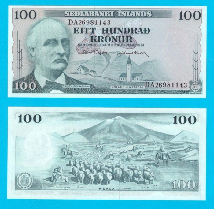 Islanda (p#44) 100 Kronur L1961 UNC &#039;Prima emisie Sedlabanki Islands&#039; serie: DA26981143