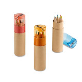 Cutie cilindrica din carton si ascutitoare plastic cu creioane de colorat