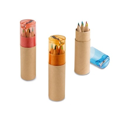 Cutie cilindrica din carton si ascutitoare plastic cu creioane de colorat foto