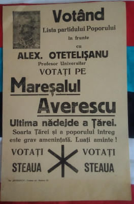 Afiș electoral Partidul Poporului Averescu : prof. Alex. Otetelisanu - anii 1930 foto