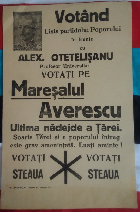 Afiș electoral Partidul Poporului Averescu : prof. Alex. Otetelisanu - anii 1930