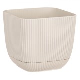 Ghiveci flori de plastic Shopiens&reg;, bej cu dungi si farfurie incorporata, 19.3x19.3x17 cm, 4 L
