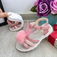 Sandale roz moi cu urechi iepuras si puf pt fete 33 cod 0778 foto