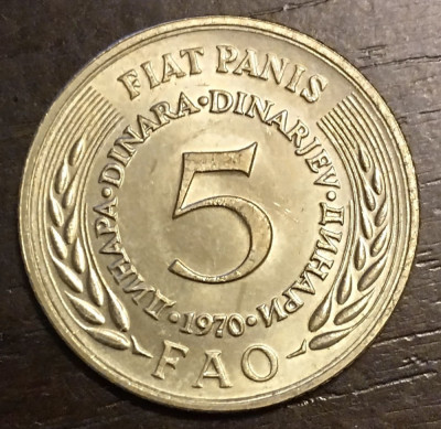 Moneda Iugoslavia - 5 Dinara 1970 - FAO foto