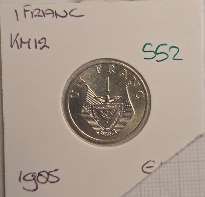 552 Rwanda Ruanda 1 Franc 1985 , KM#12, excelenta