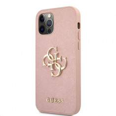 Husa Piele Guess Saffiano Big 4G Metal Logo pentru Apple iPhone 12 / Apple iPhone 12 Pro, Roz GUHCP12MSA4GGPI