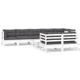 Cumpara ieftin Set mobilier gradina cu perne, 9 piese, alb, lemn masiv pin