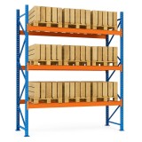 Raft metalic industrial depozitare paleti, 3 niveluri, 29.7m lungime x 1m adancime x 3.2m inaltime, 11 segmente, capacitate 99 paleti, 1800 Kg/nivel
