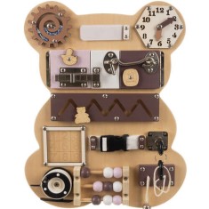 Tablă Educativă de Manipulare, Model Ursuleț, din Lemn, 14 Elemente, Nuanțe de Maro și Bej, 39x29.7x9 cm