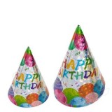 Coifuri de Petrecere Metalizate Hartie cu Elastic, Design Baloane Happy Birthday, CMCLASS - Set 10 buc