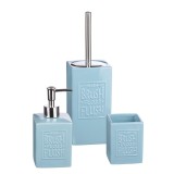 Cumpara ieftin Set baie dispenser sapun, pahar periute dinti, perie toaleta ceramica albastra