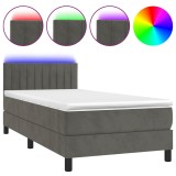 Cumpara ieftin Pat cu arcuri, saltea si LED, gri inchis, 90x190 cm, catifea