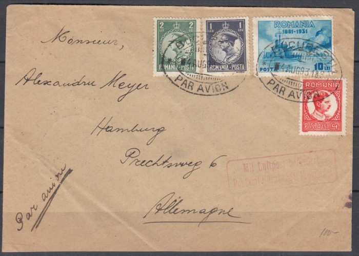ROMANIA 1930/1931 LP 86 LP 90 REGELE CAROL II SEMICENTENARUL MARINEI/PLIC PRIN AVION BUCURESTI-HAMBURG