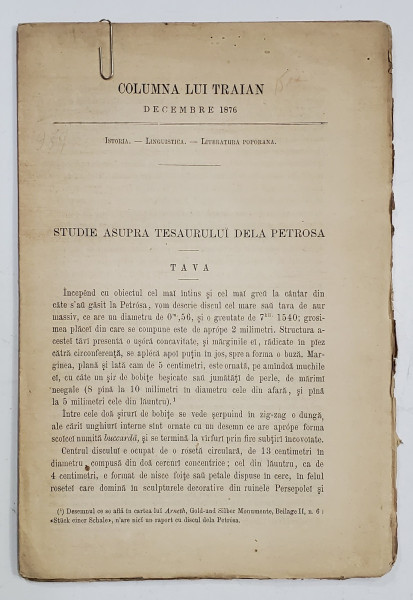 COLUMNA LUI TRAIAN , REVISTA MENSUALA PENTRU ISTORIA , LINGUISTICA SI PSICOLOGIA POPORANA , SUB DIRECTIUNEA D - LUI B.P. HASDEU , DECEMBRIE , 1876