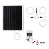 Sistem iluminat solar 50W cu 3 becuri LED, solutie fotovoltaica pentru cabane, rulote, autonomie 3-6 ore, include panou si regulator incarcare