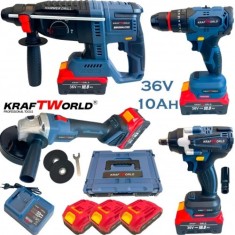 Trusa 4 Scule, Masina cu Impact + Rotopercutor + Polizor/Flex + Bormasina, cu 3 Acumulatori 36V 10AH, KraftWorld