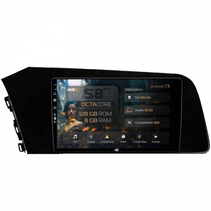 Navigatie Hyundai Elantra (2020-Prezent) 8GB RAM Android 13 Octacore Slot Sim 4G DSP GPS Wi-FI Carplay Android Auto USB Bluetooth Waze Touchscreen 9In