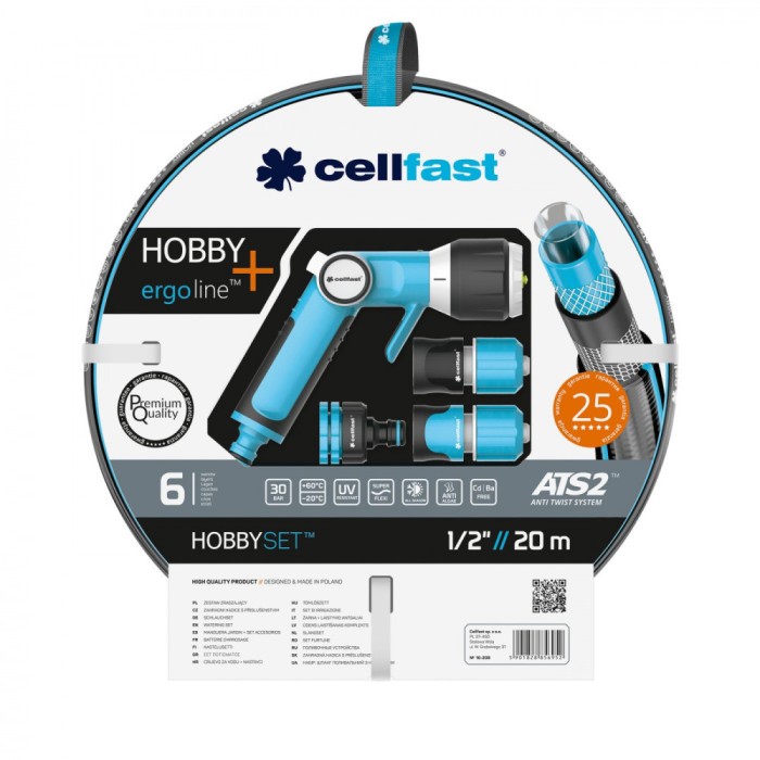 Set furtun pentru gradina Premium Cellfast HOBBY cu 6 straturi, 1 2 , Armat, 20m, protectie UV, antirasucire, pistol multifunctional, conectori