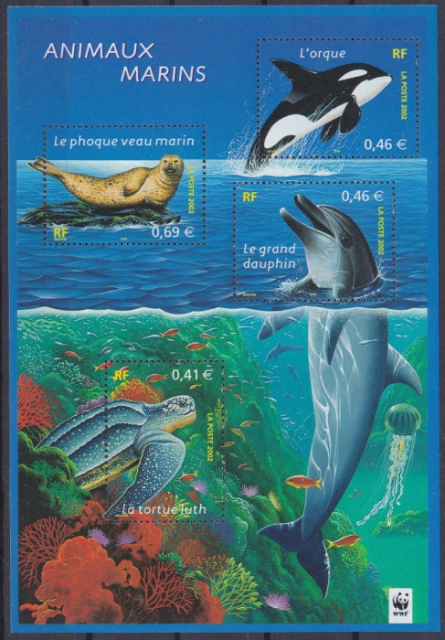 DB1 Fauna Marina WWF Franta 2002 Delfin Orca Foca Broasca Testoasa MS MNH