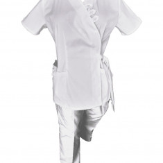 Costum Medical Pe Stil, Tip Kimono Alb cu Elastan, Model Daria - XS, XS