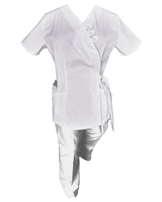 Costum Medical Pe Stil, Tip Kimono Alb cu Elastan, Model Daria - XS, XS