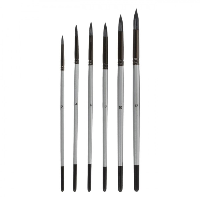 Set Pensule Pictură, Model Rotund, M&acirc;nere Lemn Argintii, Varf Nylon, 6 Bucăți, Mărimi 2-12