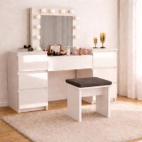 Masa de toaleta/machiaj, Antonia, sertare lucioase + taburet, alb, cu oglinda si LED-uri, 155x42x135 cm