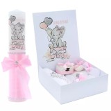 Cumpara ieftin Set Cutie Trusou cu Lumanare, 9 Piese, &quot;Cu Drag De La Nasi&quot;, Roz, Elefant - TB197