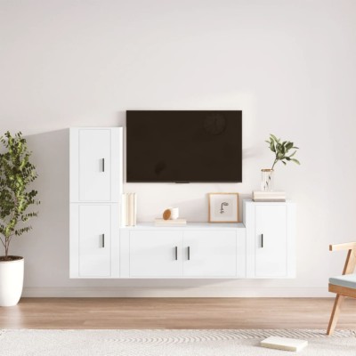 Set dulap TV, 4 piese, alb extralucios, lemn prelucrat foto
