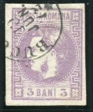 1870 , Lp 22 , Carol I cu favoriti 3 Bani violet - stampila mica Bucuresti, Stampilat