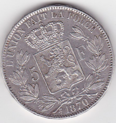 BELGIA 5 FRANCI Francs 1870 foto